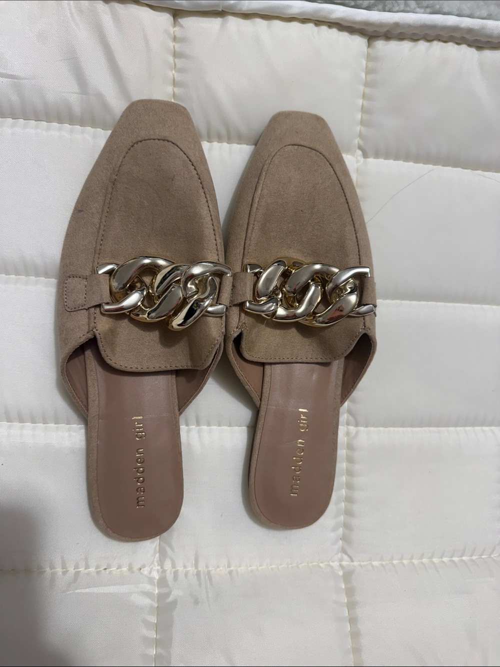 Madden Girl Taupe Slip-On Mules with Gold Chain Accent